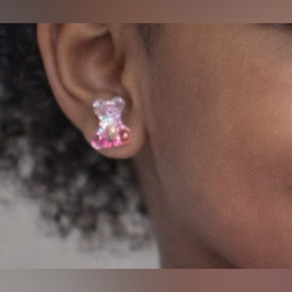 2/14 Iridescent Teddy Bear Crystal Stud Earrings NEW